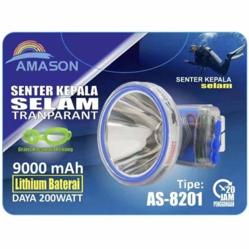 SENTER KEPALA TRANSPARANT 200 WATT AMASON AS-8201 3 BATERAI SENTER KEPALA SELAM ORIGINAL & BERSEGEL