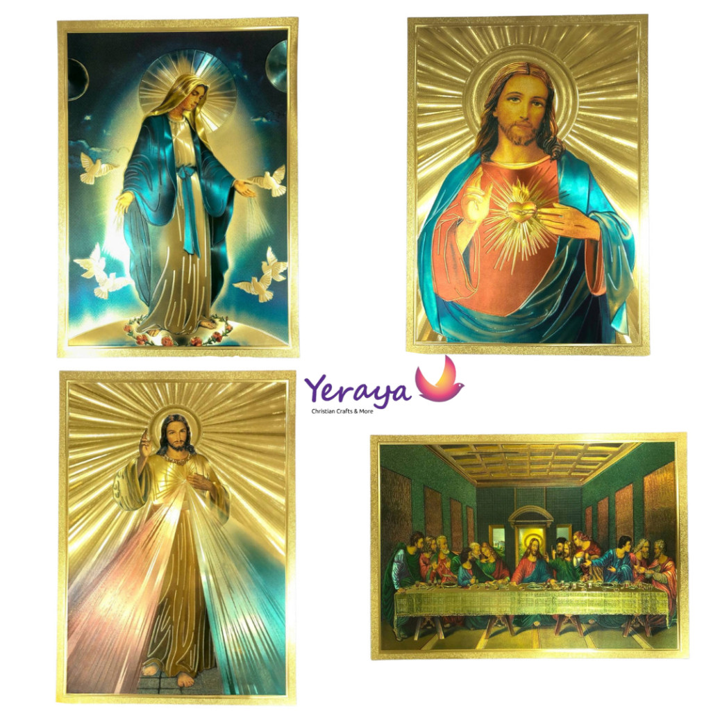 DISKON Poster Dinding Gambar Yesus dan Maria Hati Kudus Berhologram / Poster Yesus / Hiasan Dinding 