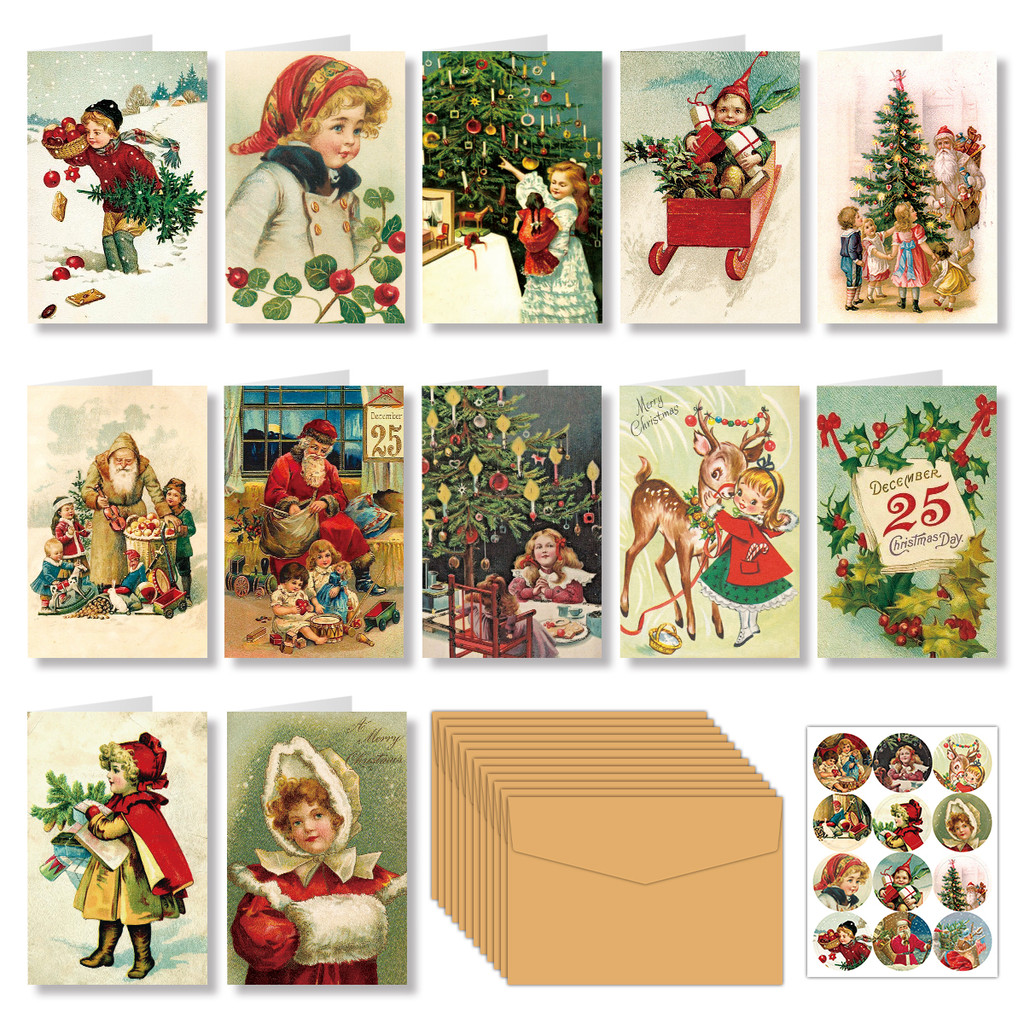 

12sets Vintage Greeting Cards with Envelope Merry Angels Santa Postcard Holiday Notecards for Friends,Family