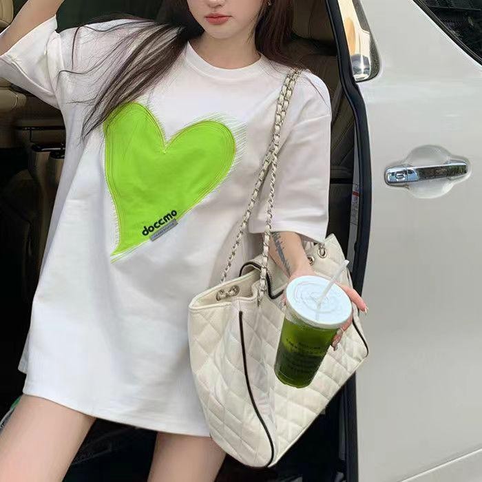 [littlecrab] Kaos Oversize Doccmo Love Hijau Neon Jahit Love Polos T-shirt Couple Unisex Lembut Berk