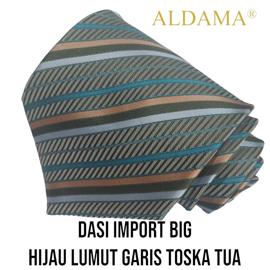 Dasi Import Dewasa - Hijau Lumut Garis Toska Tua Big