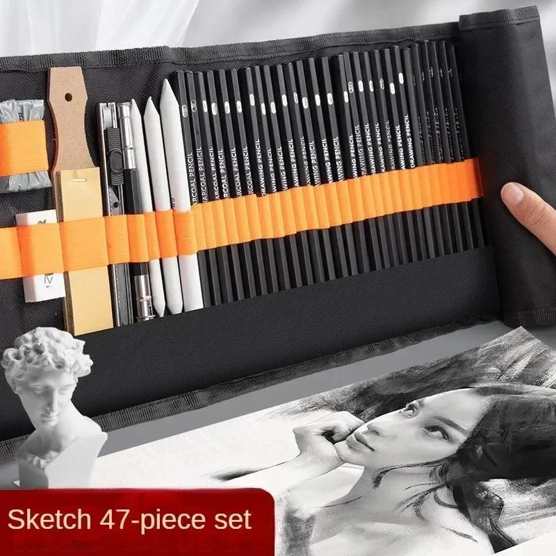 

27/38/47pcs Sketch Pencils Set Roll Up Canvas Wrap Sketching Pencil Bag Drawing Charcoals Kneaded Eraser Stationery Art Supplies