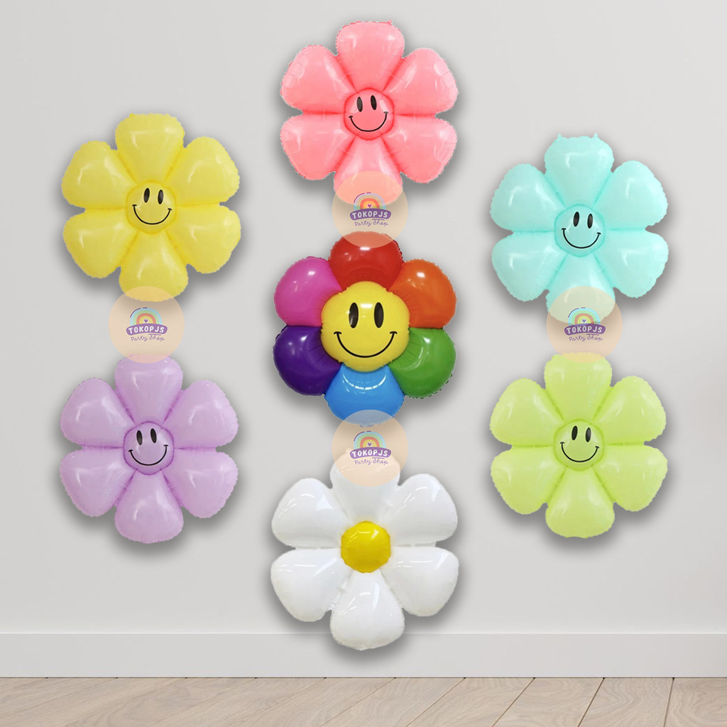 Balon Foil Ulang Tahun Bunga Matahari Daisy Aster Warna Pastel Rainbow per pcs Jumbo dan Kecil