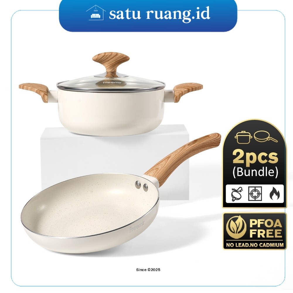 Satu.Ruang Id - Set Wajan Panci Anti Lengket Wajan 20 cm Panci 18 cm Putih  dengan Tutup Kaca Wajan 