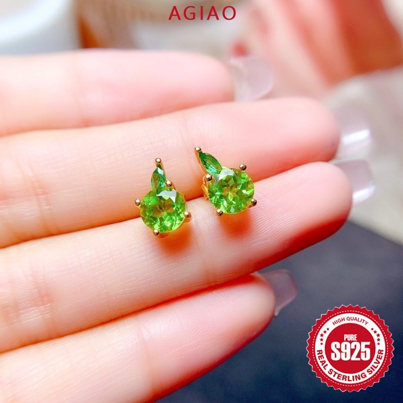 AGIAO Anting Zircon Hijau Apel Kecil yang Lucu AAAAA Zirconia Perhiasan Telinga Emas