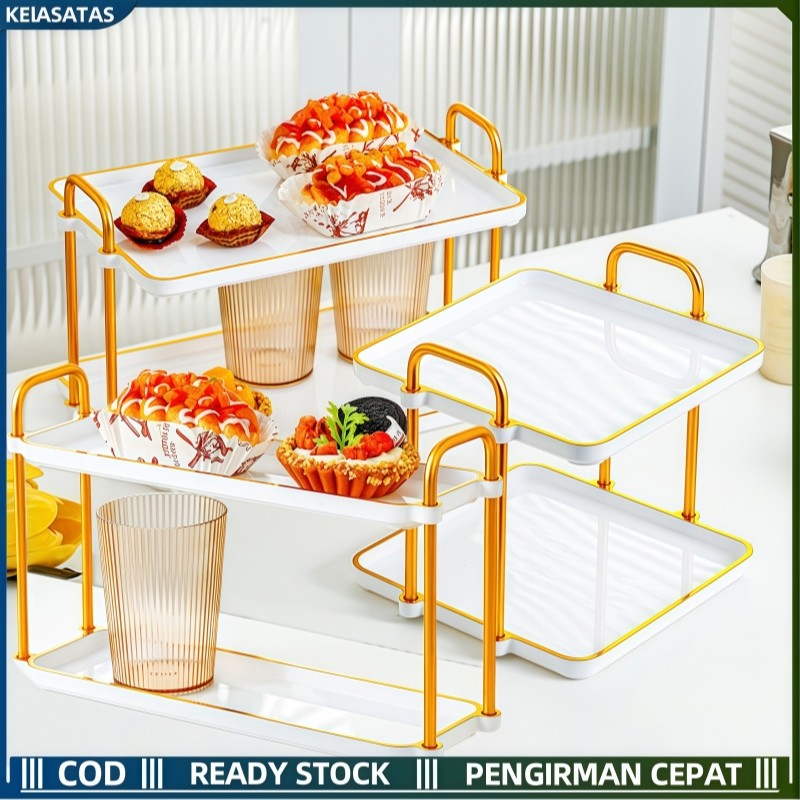 KEIASATAS 2 Tingkat Persegi Piring Kue Rak Piring Susun Tempat Buah Nampan Pajangan Gold Handle Doub