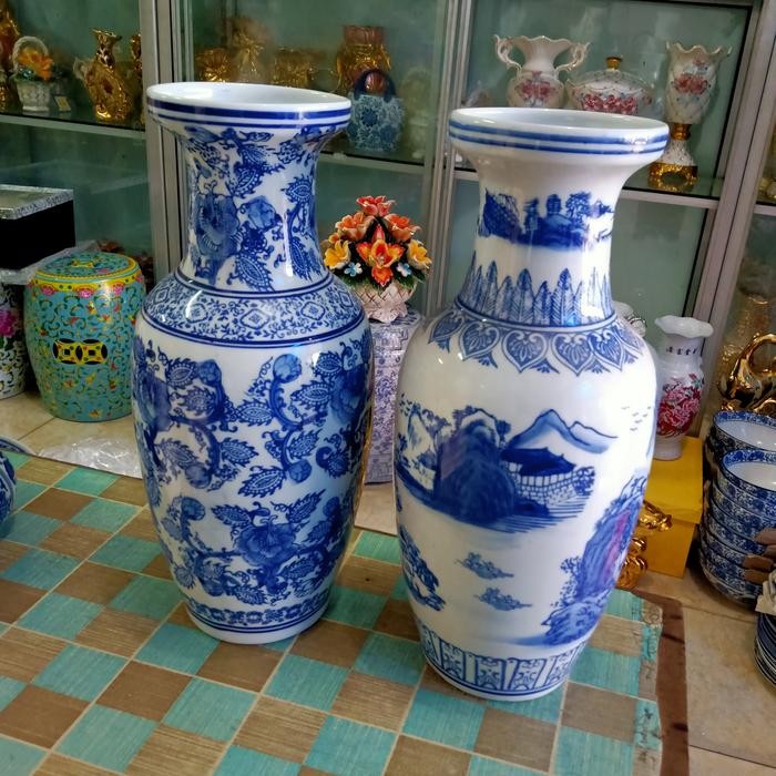 Vas bunga keramik biru putih/vas guci import cina - pemandangan