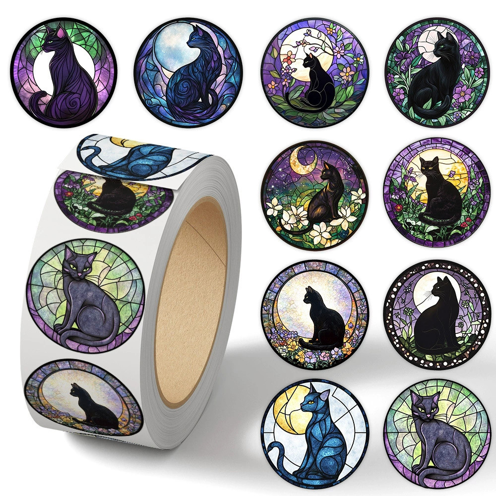 

500PCS Cute Gothic Black Cat Art Stickers Roll Aesthetics Stained Glass Cartoon Decals for Laptop Scrapbook Kids Reward Sticker