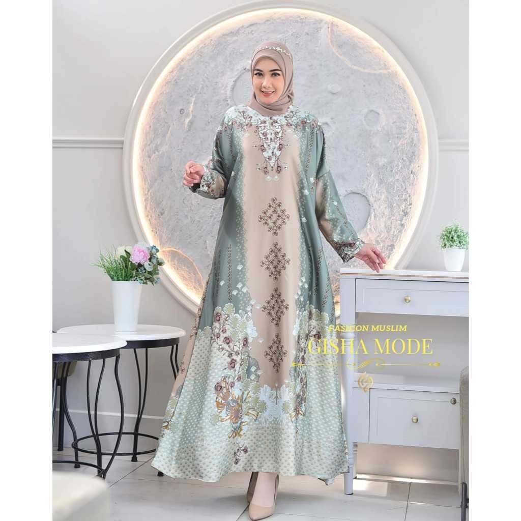 Gisha Collection-MEDINNA Gamis Abaya Bahan Silk Premium |Gamis Motif Jumbo Ld 130 cm Warna Navy,Crea