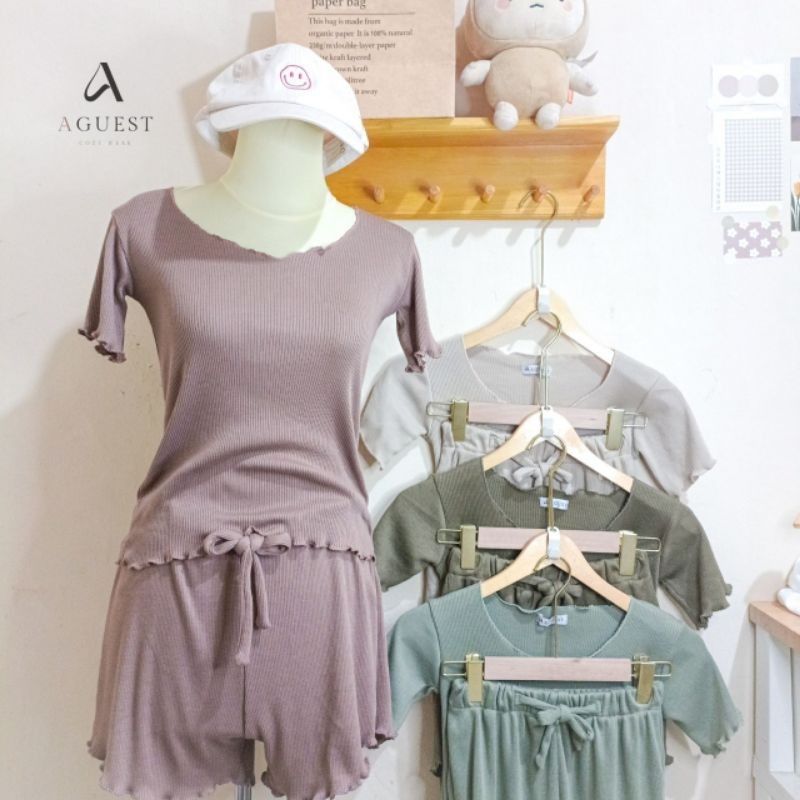 AJISHOP AGUEST Yoona One Set Wanita Dewasa Slimfit Setelan Baju Tidur Pendek Body Fit Knit Sexy Kore