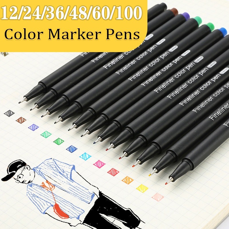 

Hook Line Pen Needle Pen Markers 12/24/36/48/60/100 Colors Sketching 0.4mm Water-based Art Supplies Painting Brush School