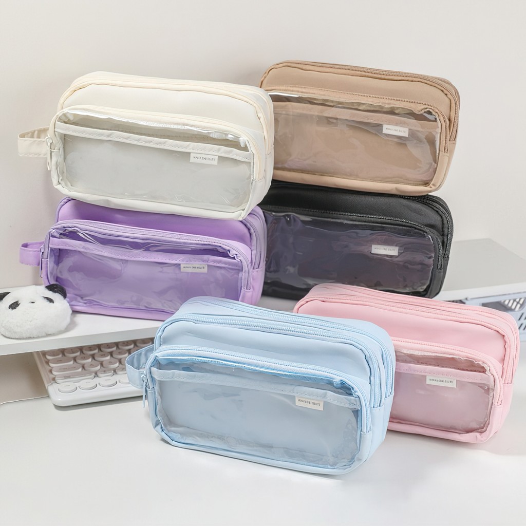 

Staged Type Pencil Bag Pen Case 3 Compartment Transparent Front Cream Color Storage Pouch for Stationery F7715