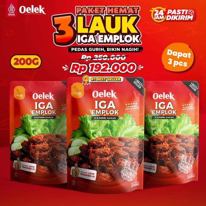 

[TERLARIS] Oelek Paket Bertiga Besar Iga Emplok Oelek - 3 Pack 200 gram Iga Emplok / Iga Mercon - Pedas Aja[TERLARIS ]