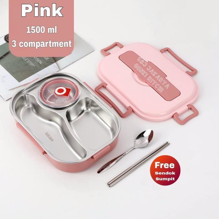 Kotak makan Lunch Box Tempat makan 304 Stainless Steel 1500ml Premium - PINK