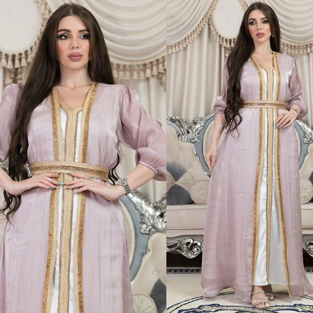 Bright silk satin three piece dress set Musilim long sleeve maxi dress pink
