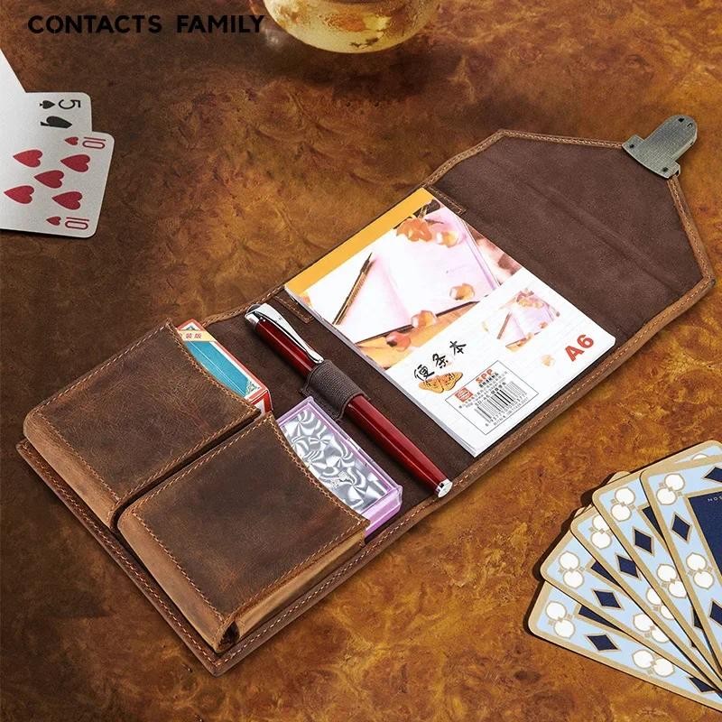 

Luxury Retro Leather Notebook Cover Case With Special Double Deck Poker Storage Box Pen Slot Business Stationery Office Supplies