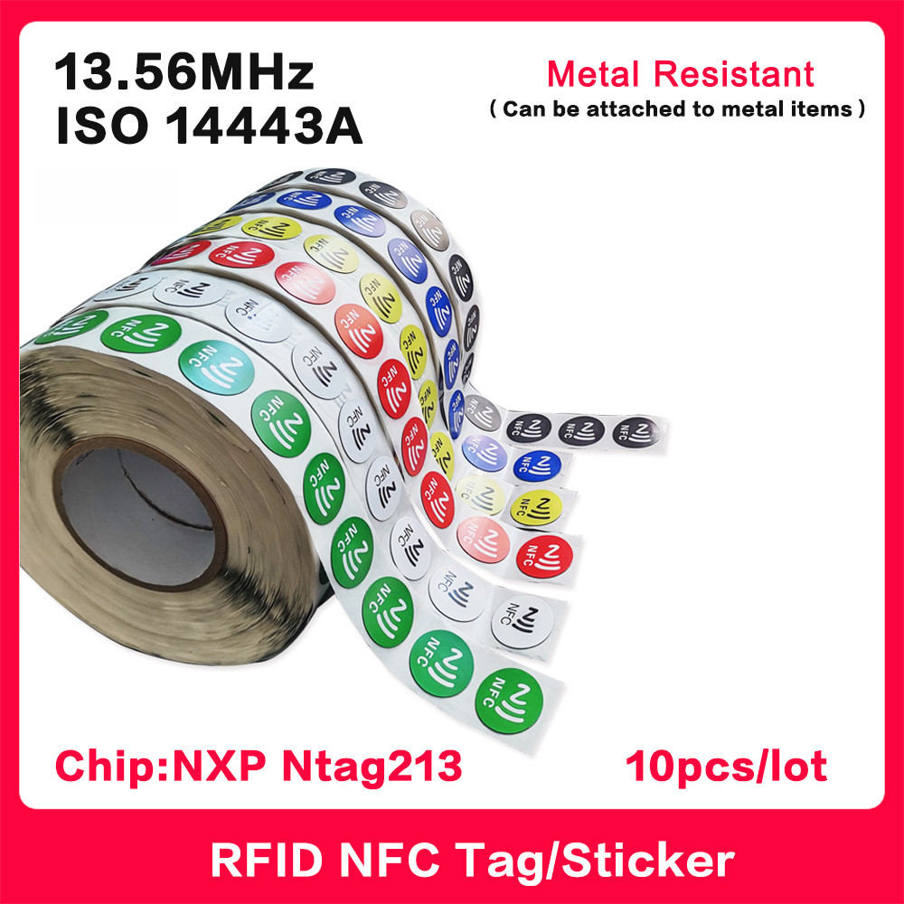 

10PCS NFC Stickers Tag ISO14443A 13.56MHz NXP NTAG213 Anti-metal Label RFID HF Smart electronic Tags Can attached to metal items