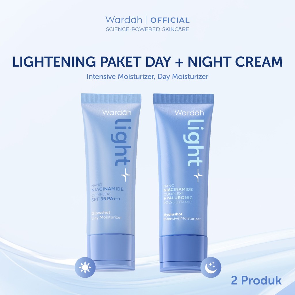 Wardah Lightening Paket Day + Night Cream 20 ml - Light+ Glowshot Day, Intensive Moisturizer - Skinc