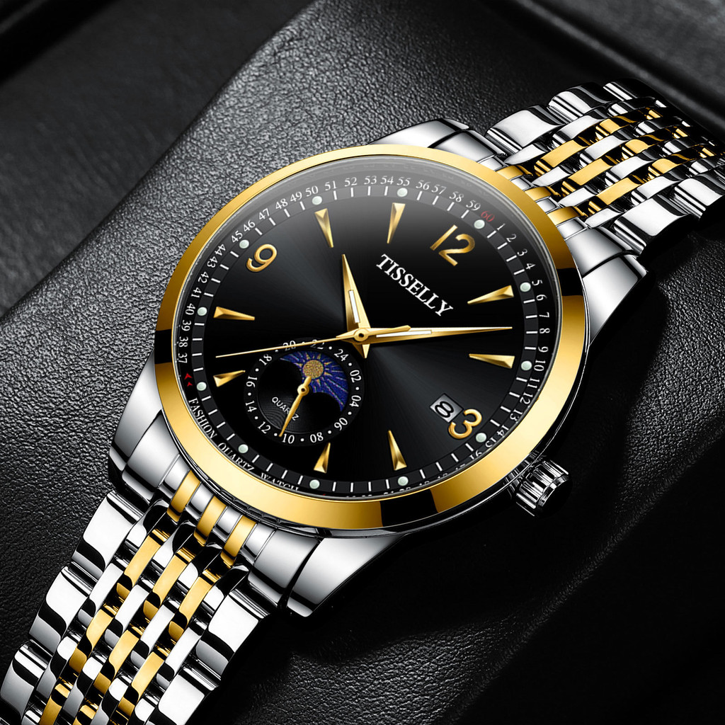 

Jam tangan quartz pria merek Swiss fashion bisnis tahan air kalender bercahaya