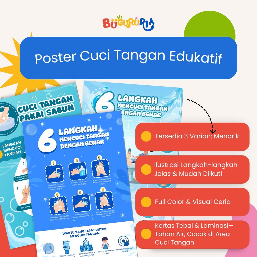 

Bu Guru Ria - Poster Cuci Tangan Edukatif—Langkah Jelas, Full Color, & Tahan Air! | Dekorasi Kelas & Sekolah | A3+ 310gsm Laminasi Glossy