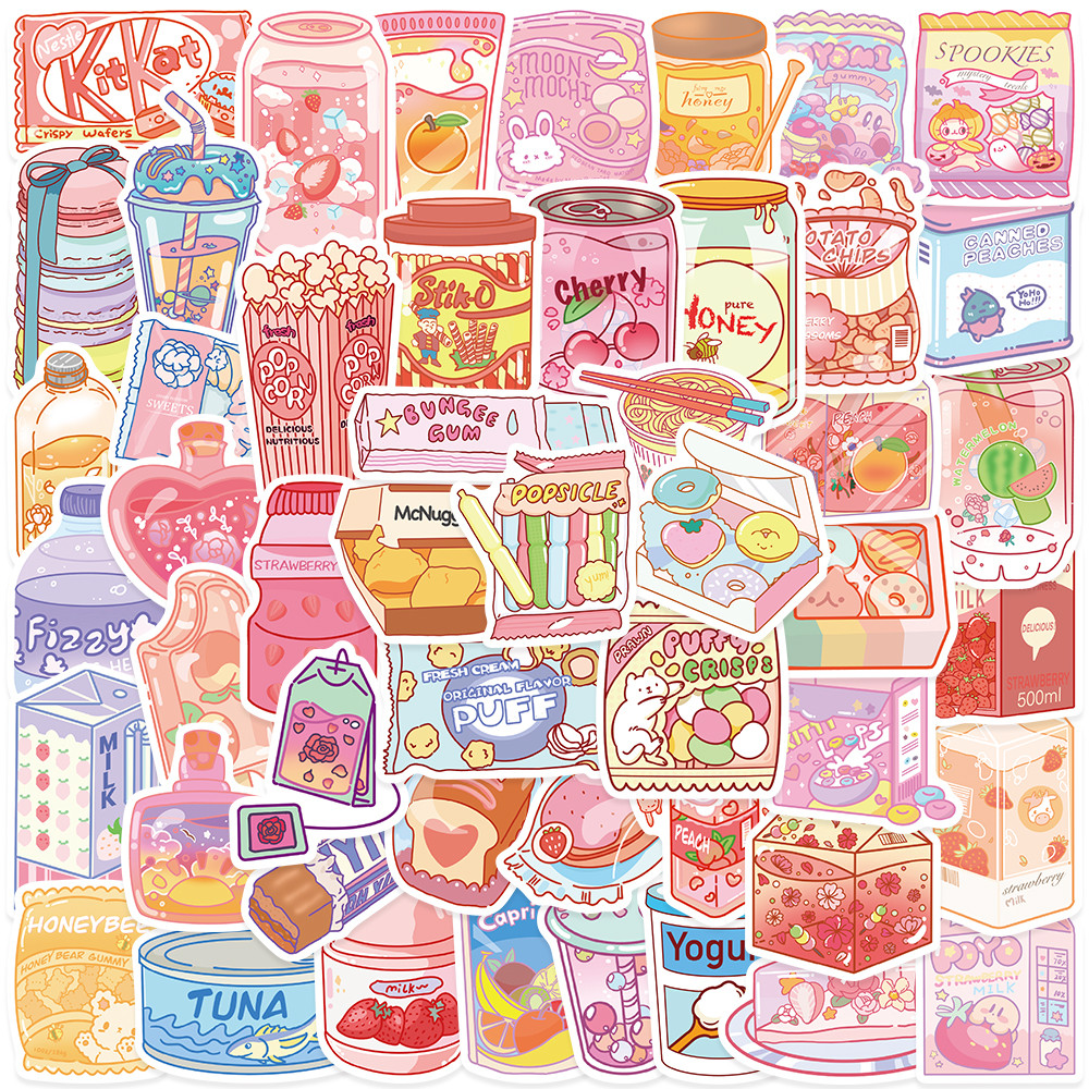 

50pcs Cute Cartoon Snacks Drinks Stickers Waterproof Graffiti For Laptop Luggage Water Bottle Notebook Guitar Vinyl Decals