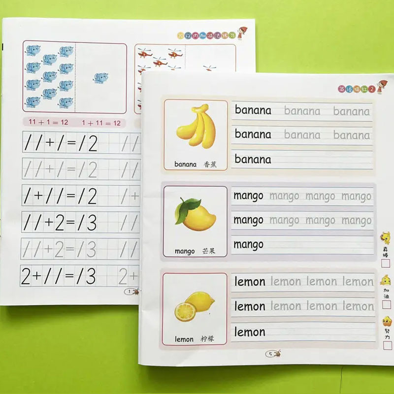 

2 tracking exercise books for children - English vocabulary and number mathematics exercises - early learning writing assistance