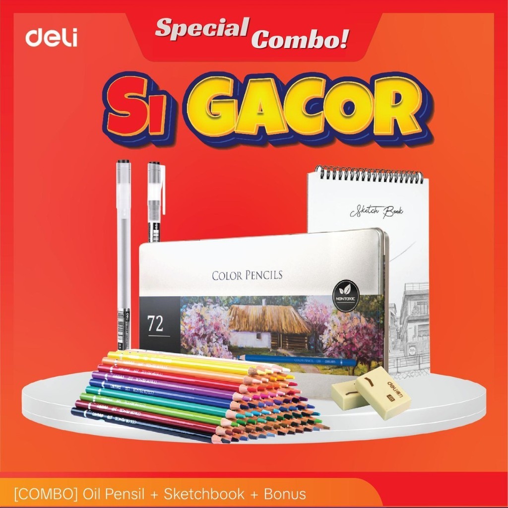 

Ready Deli Combo Gacor Oil Pensil 24/36/48/72 + Skecthbook Free Gel Pen + Penghapus Kertas Peralatan Stationery