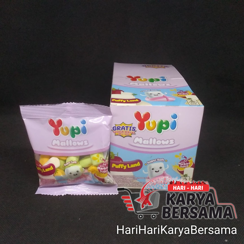 

MAKANAN RINGAN PERMEN GUMMY YUPI MALLOWS PUFF LAND WITH MARKISA JUICE BOX 12'S X 9GR