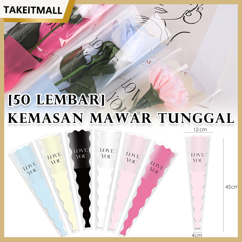 

[50 Lembar] Plastik Bunga Mawar 1 Tangkai Single Rose Slevee Bag PembungkusKertas Pembungkus Buket Satu Bunga Mawar