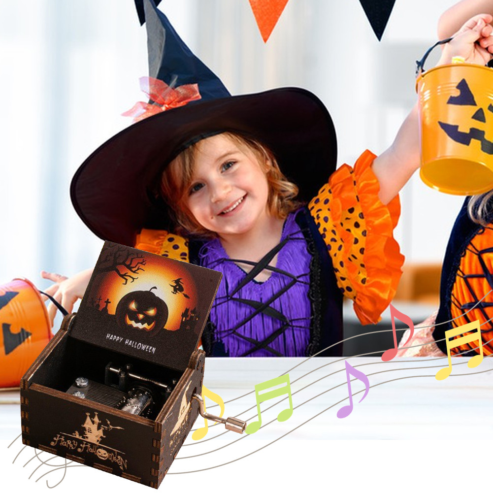 Halloween Eve Wooden Antique Engraved Musical Box Fright Night Musical Box Hand-Cranked Musical Box 