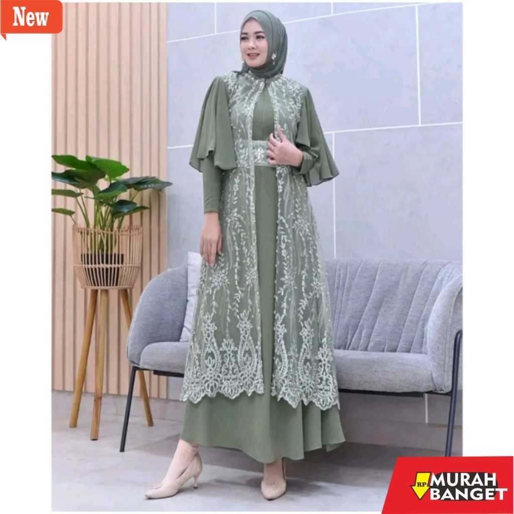 gamis kekinian tahun 2024 Dress Clarisa Inner + Outer  Brukat Terbaru 2024 Free Belt Gamis Pesta Bru