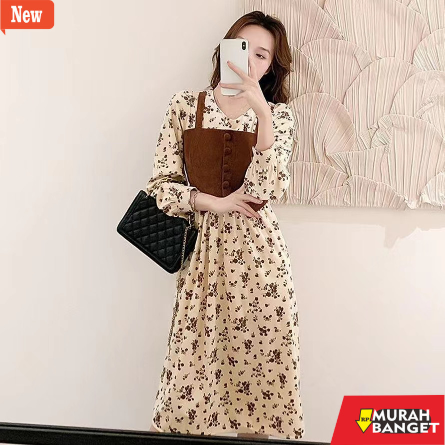 dress wanita kekinian Dress Midi Bunga Retro Vintage Lengan Panjang Korea