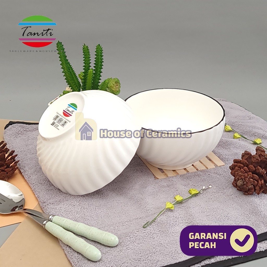 TANITI Mangkok Keramik Ulir Sekrup 5 Inch 13 Cm Mangkok Bulat Cantik Putih Polos