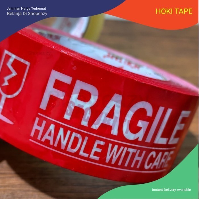 

6 Roll - LAKBAN Jumbo FRAGILE MERAH 48mm x 200yard HOKI TAPE murah - ISOLASI PRINTING TULISAN FRAGILE - 4 in 1