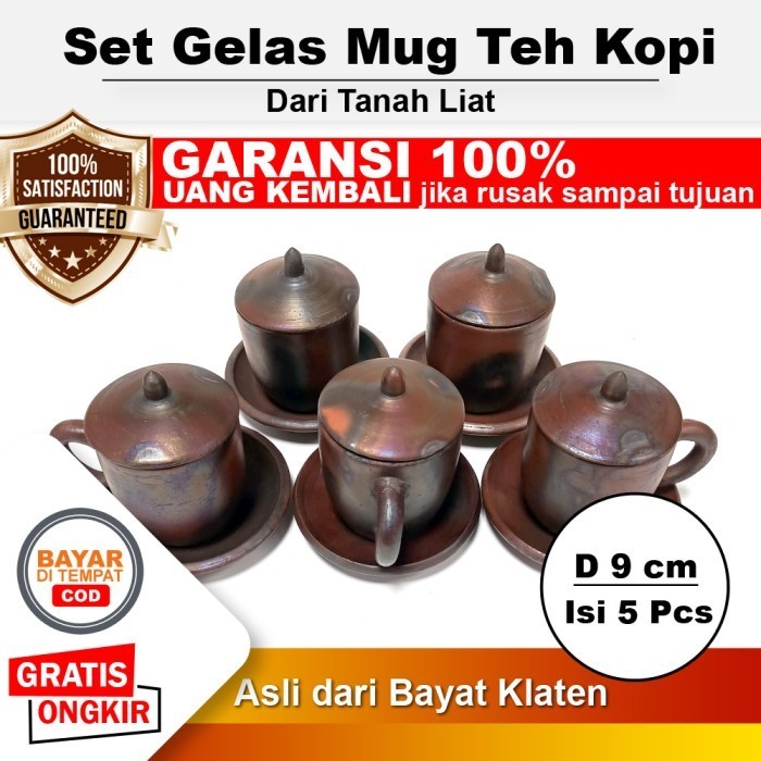 Set 5 pcs Gelas Mug Cangkir + Tatakan Lepek + Tutup Tanah Liat Gerabah - Kapasitas 300 ml - Diameter
