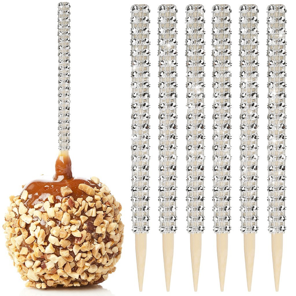 

5/50pcs Bling Candy Apple Bamboo Sticks Caramel Apple Wooden Pointed Skewers with Rhinestones Diamond Mesh Wrap Fruit Treats