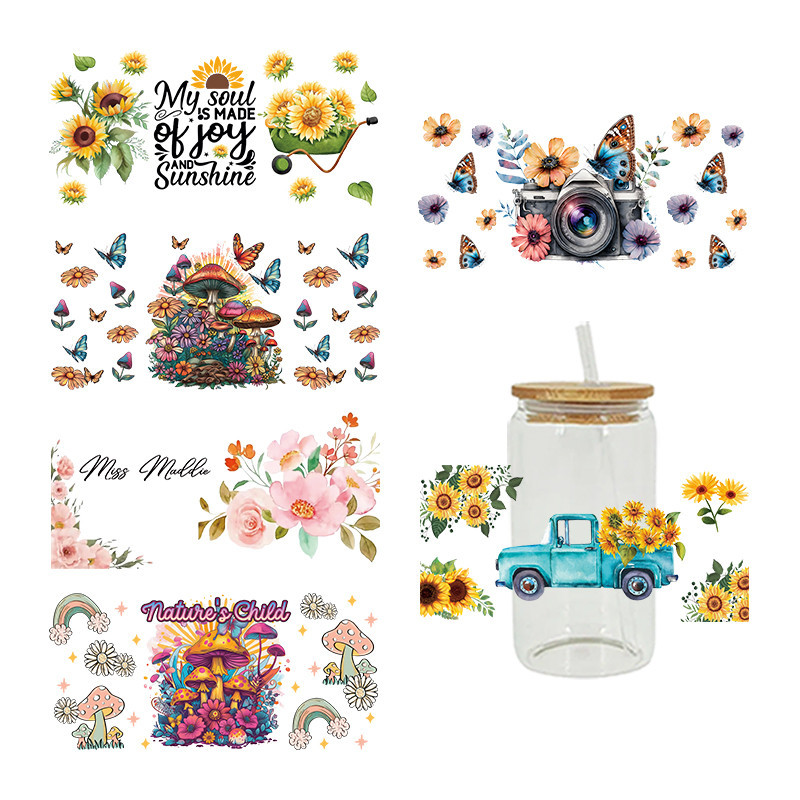 

UV DTF Transfer Sticker Flowers For The 16oz Libbey Glasses Wraps Bottles Cup Can DIY Waterproof Custom Decals D15336