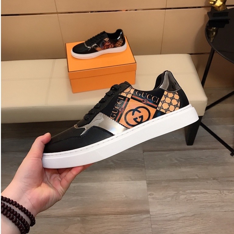 Gucci Luxurious Minimalism Fashion Men Casual Shoes Sneakers Black Silver Orange Gucci Logo