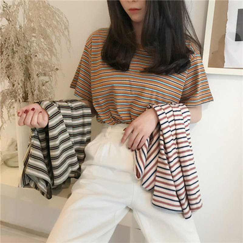 MRMT 2024 Brand New Women's Striped t-Shirts Contrast Color Striped Women t Shirt Loose Woman Bottom