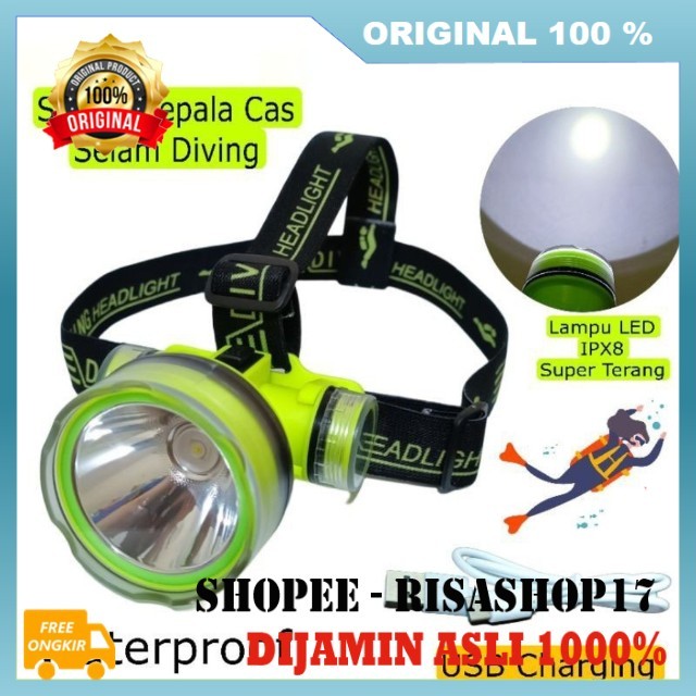 Senter Selam Diving Headlight Senter Air Menyelam Senter Kepala Selam Senter Anti Air 100% ASLI