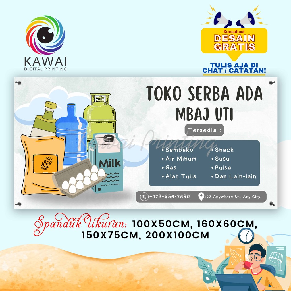 SPANDUK / BANNER Toko Sembako Serba Ada Abu Abu Putih Free Desain