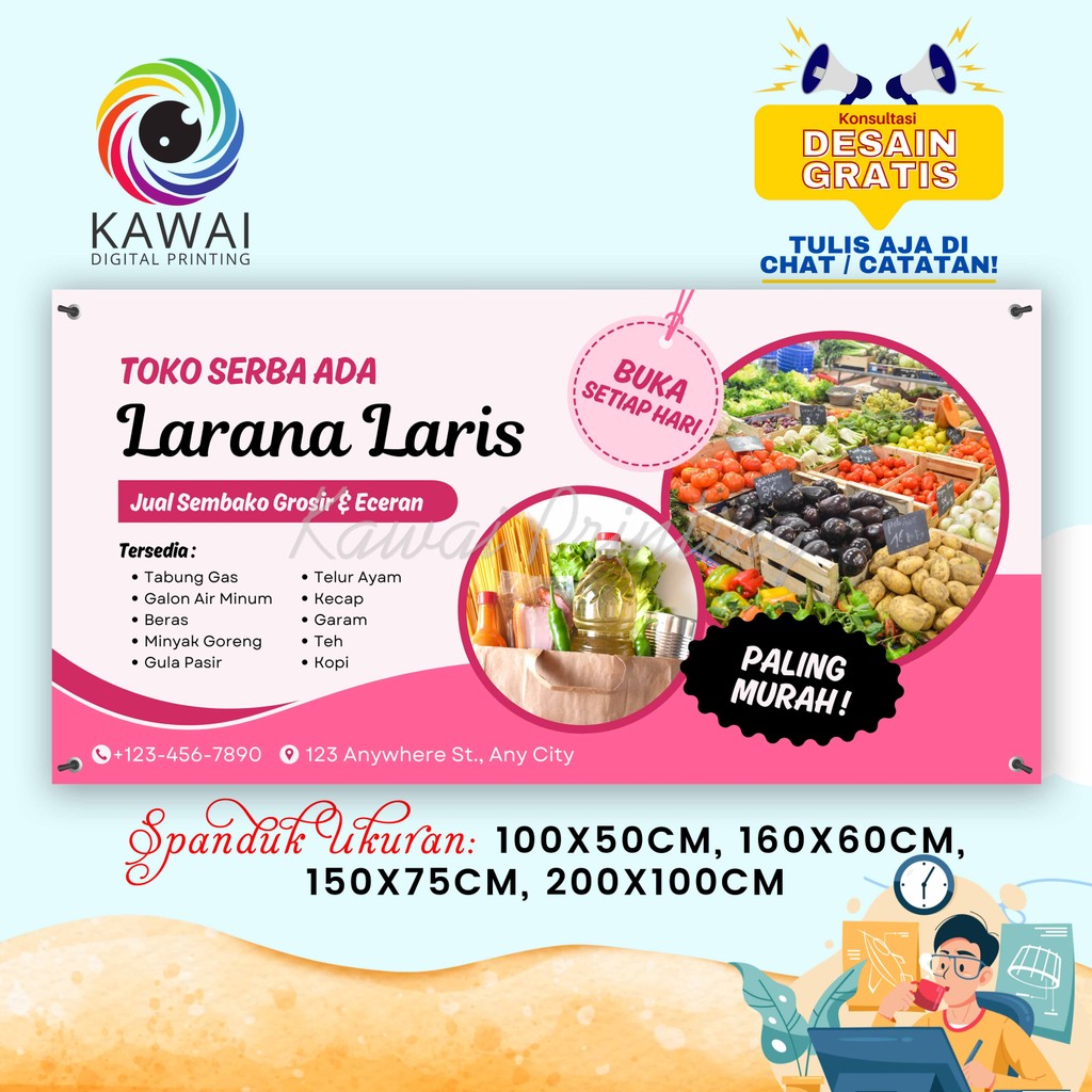 SPANDUK / BANNER Toko Sembako Serba Ada Pink Free Desain