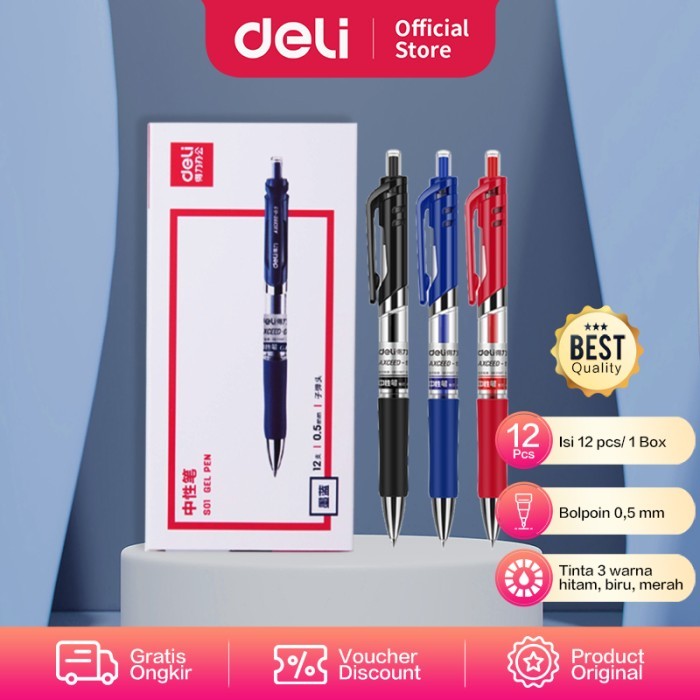 

[New] Deli Gel Pen / Pulpen Gel Retracable 0.5mm Isi 12pcs/box S01 - Hitam