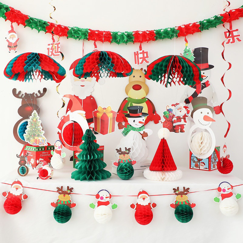 Garland Natal Flanel Honeycomb Gantung Banner Hiasan Christmas 2024