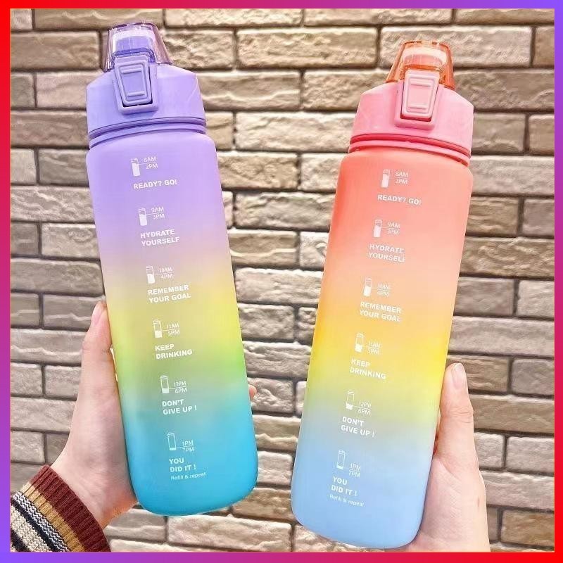 XIMAX - Botol Minum Tritan Rainbow 1 Liter Sedotan+Stiker 1 L Viral Gradasi Bottles Kitchenware Wate