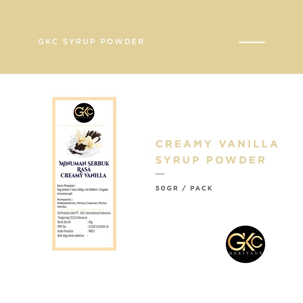 

GKC Heritage Sirup Bubuk Konsentrat Minuman Creamy Vanilla HALAL 50 Gram Krim Vanila Powder Syrup