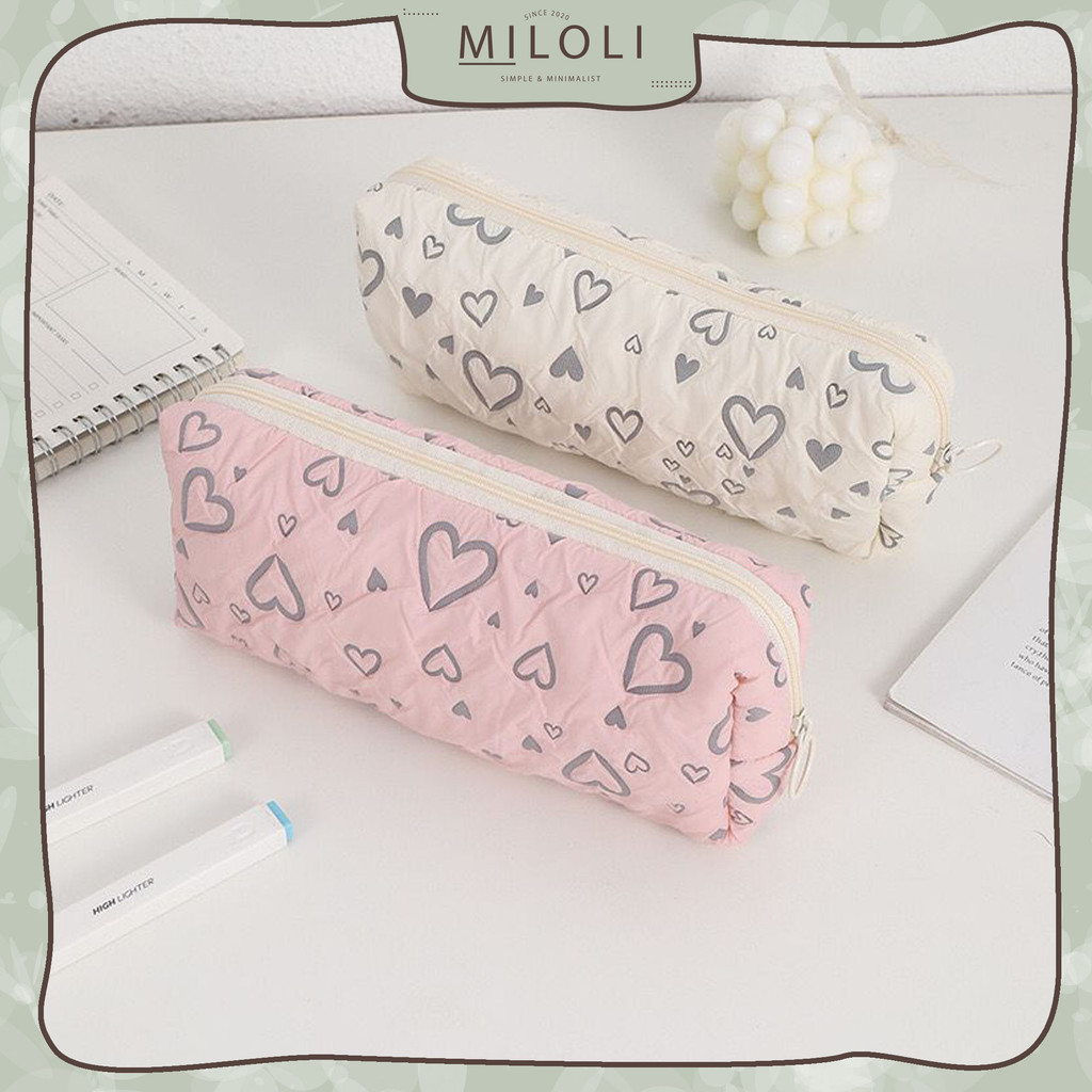 

[MILOLI] 1pcs Kotak Pensil WHITE AND PINK LOVE Pattern Pen Bag Large Capacity Minimalis Aesthetic Korean Style Stationery - F0369