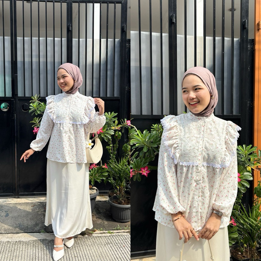 Baju Wanita Trendy Motif Bunga / DINDA LACE BLOUSE Renda / Busana Muslimah Kekinian