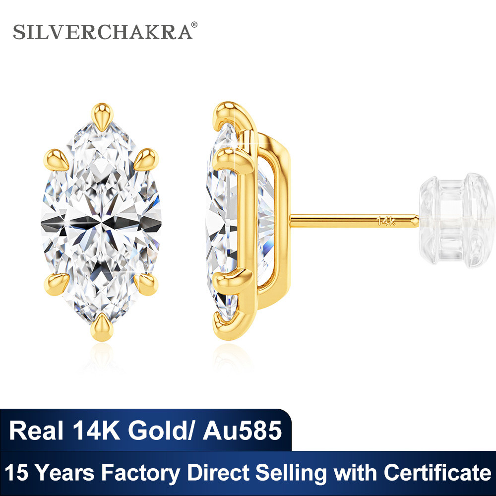 Trendy Solitaire 14K Gold Stud Earrings for Women Marquise Moissanite Diamond Au585 K Gold Wedding E