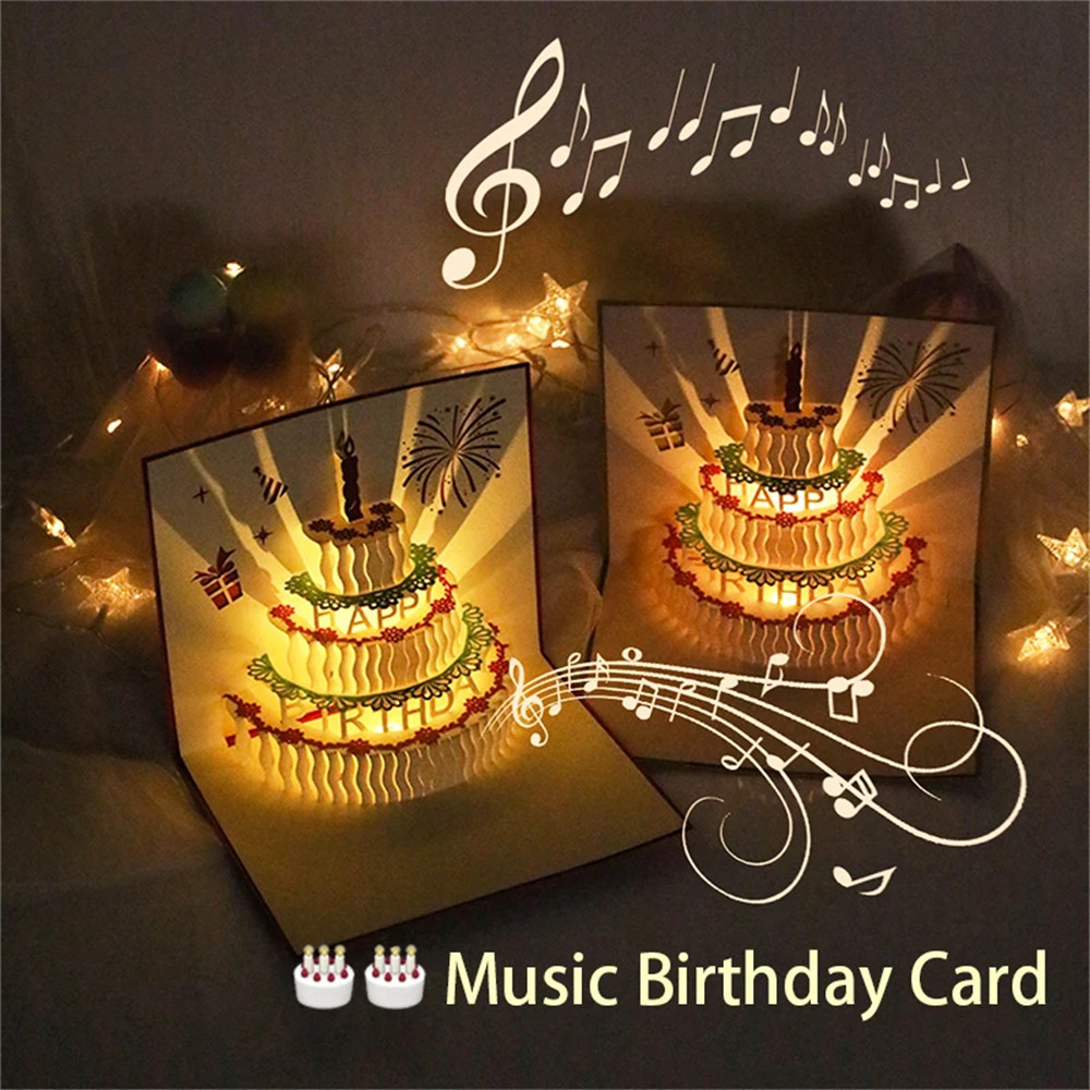 

Creative 3D Pop-Up Birthday Card with Music – Cake-Themed Design, Table Envelope Decor, Party Celebration Gift Message Card